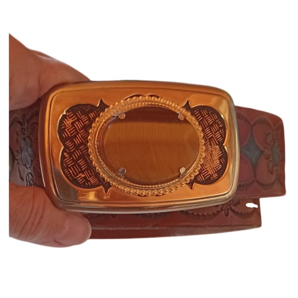 VTG Men's Double J Western Tooled Leather Belt Ornate Tiger's Eye Stone Buckle - Picture 4 of 8